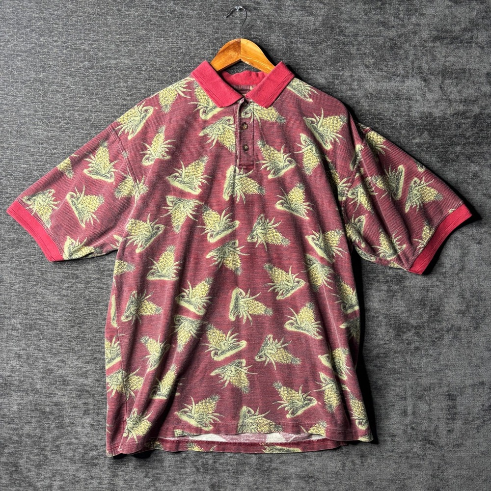 Vintage Joe Marlin Mens Burgundy Pineapple Print Short Sleeve Polo Shirt XL Y2K